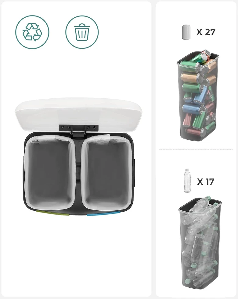 SONGMICS pedalinis šiukšlių rūšiavimo kibiras su 2 skyriais, 40 l, baltas, B07K8447D4