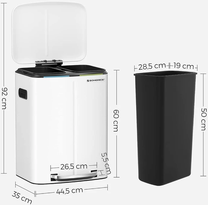 SONGMICS pedalinis šiukšlių rūšiavimo kibiras su 2 skyriais, 40 l, baltas, B07K8447D4