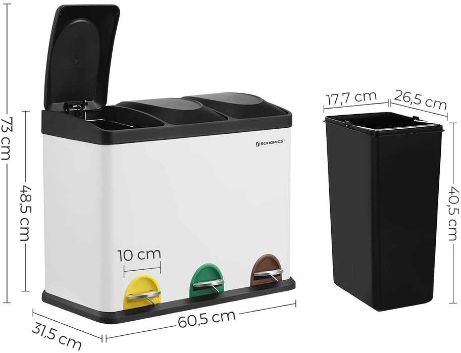 SONGMICS pedalinis šiukšlių rūšiavimo konteineris su 3 x 15 l skyriais B08B3RK2MK