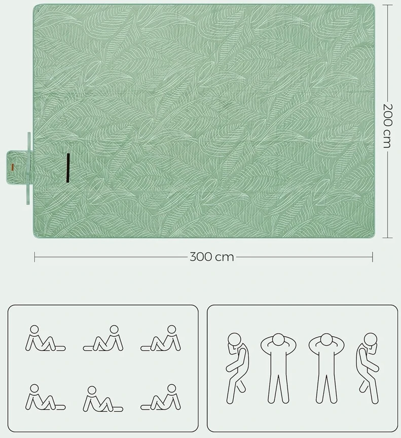 Songmics Pikniko antklodė 300 x 200 cm skalbiama mašinoje ir sulankstoma žalia