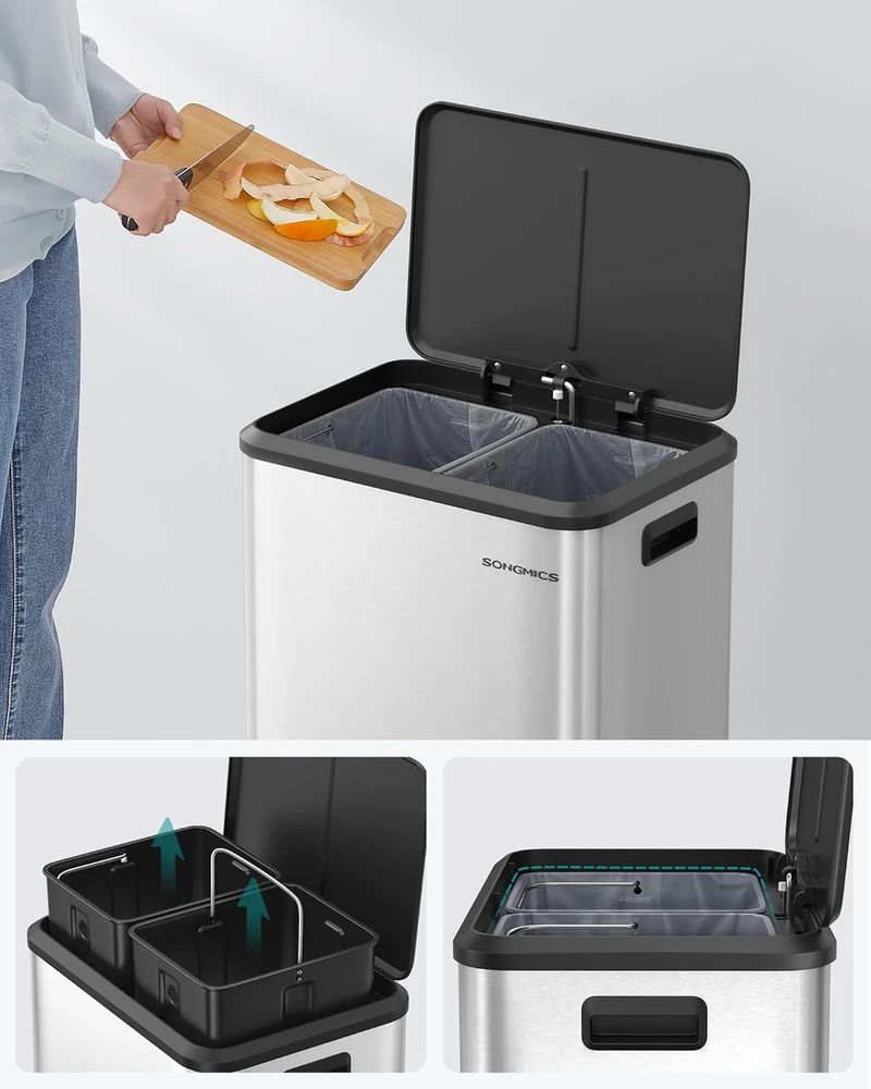 Songmics Virtuvės šiukšlių dėžė sidabrinės spalvos metalu