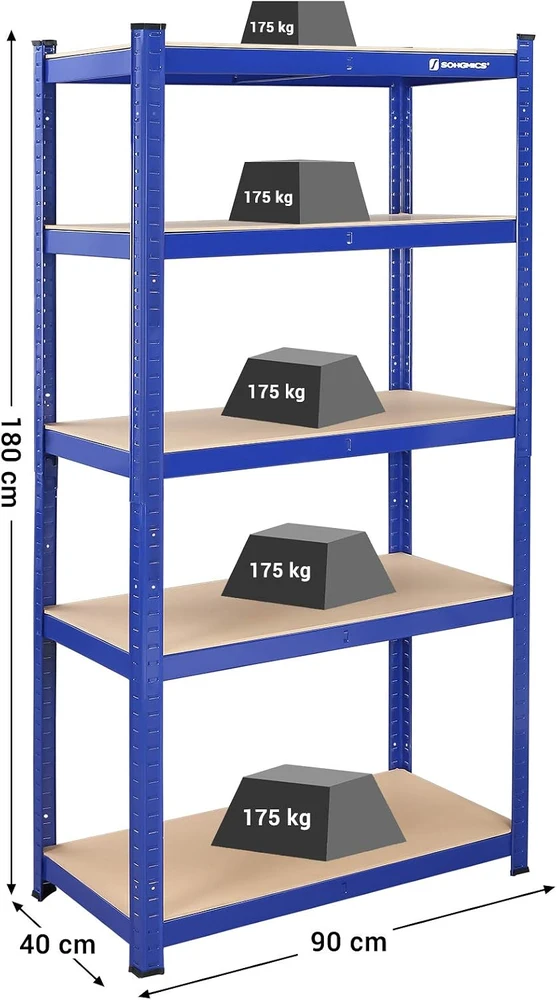 SONGMICS sandėliavimo stelažas su 5 reguliuojamomis lentynomis, 875 kg, 40 x 90 x 180 cm, 777GLR40Q