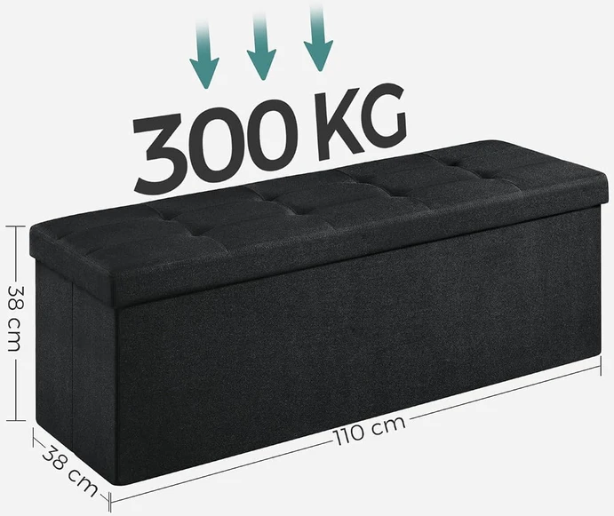 SONGMICS sandėliavimo suoliukas 110 x 38 x 38 cm, 131 l, juodas, LSF077B01