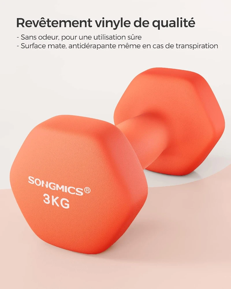 SONGMICS šešiakampiai ketaus hanteliai su neopreno danga, 2 x 3kg, oranžiniai