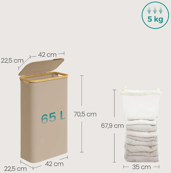 SONGMICS skalbinių krepšys 65 L su dangčiu 150 L 42 x 22,5 x 70,5 cm kamelės rudos spalvos