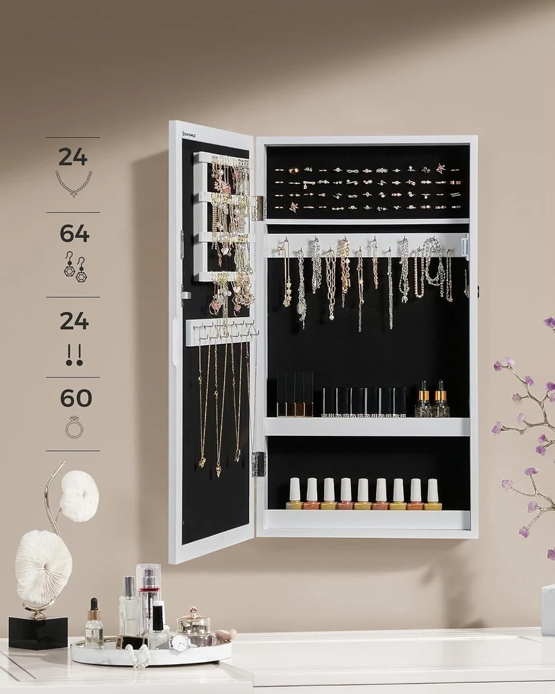 SONGMICS sieninė papuošalų spintelė su veidrodžiu, rakinama, balta JJC51WT