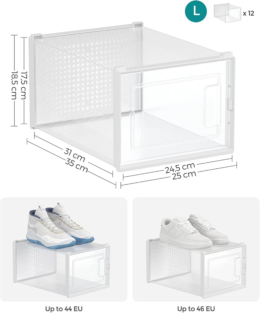 SONGMICS skaidrių batų dėžių rinkinys, 12 vnt., iki 46 dydžio, LSP12MWT