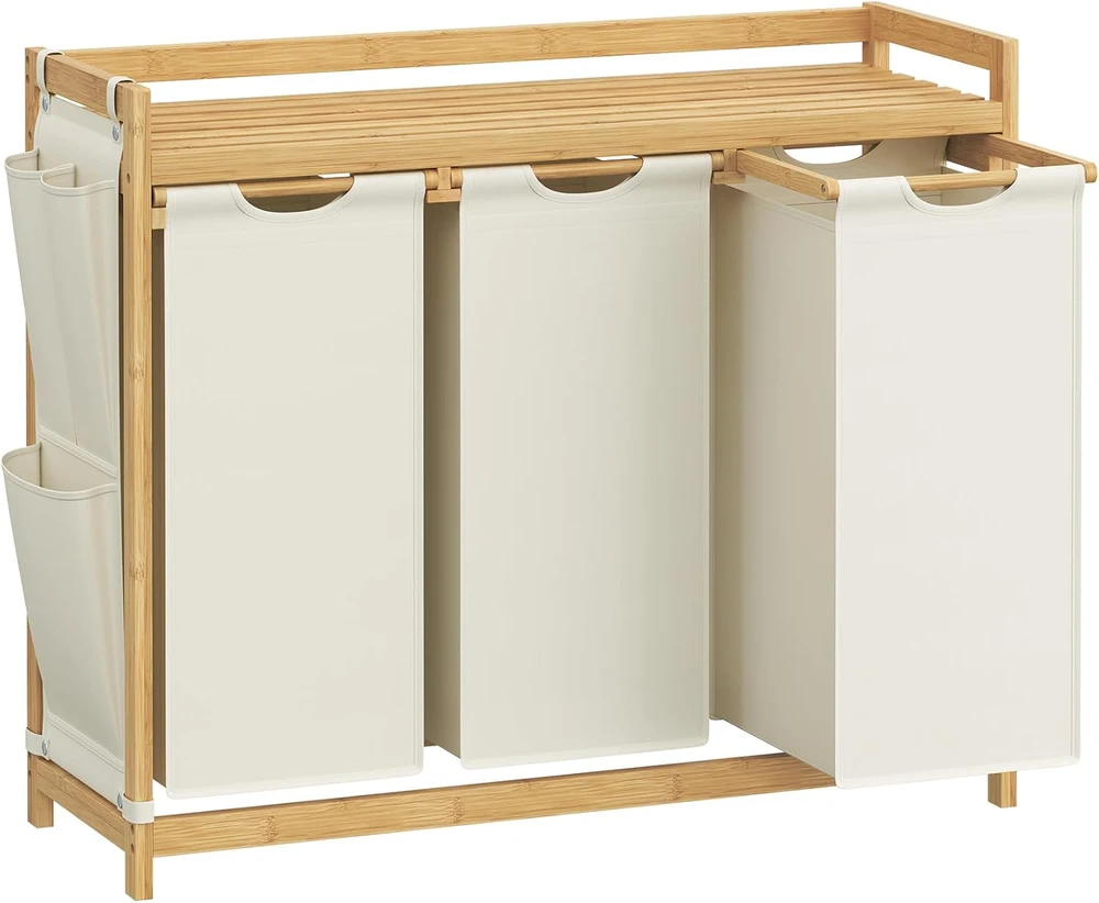 Songmics Skalbinių krepšelis 3 skyriai 3 x 50 L 94 x 33 x 78 cm kreminės baltos spalvos