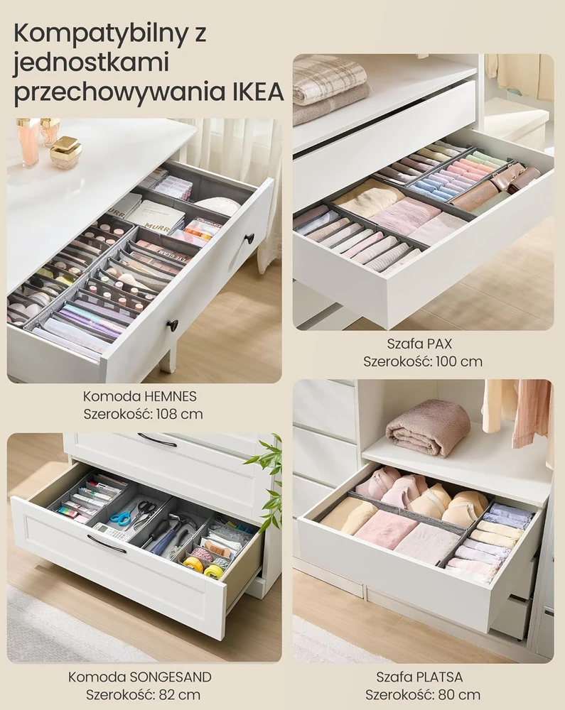 SONGMICS stalčiaus organizatorių rinkinys 4 vnt., 40x16x10 cm, suderinamas su IKEA Hemnes ir Malm, sulankstomas, pilkas