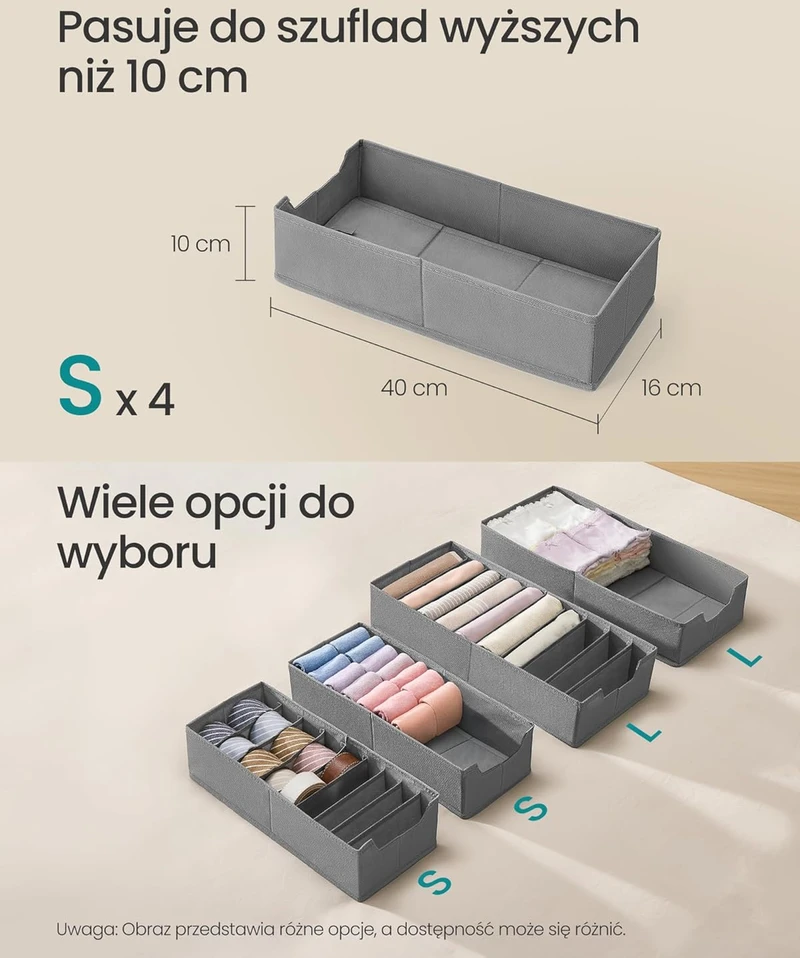 SONGMICS stalčiaus organizatorių rinkinys 4 vnt., 40x16x10 cm, suderinamas su IKEA Hemnes ir Malm, sulankstomas, pilkas