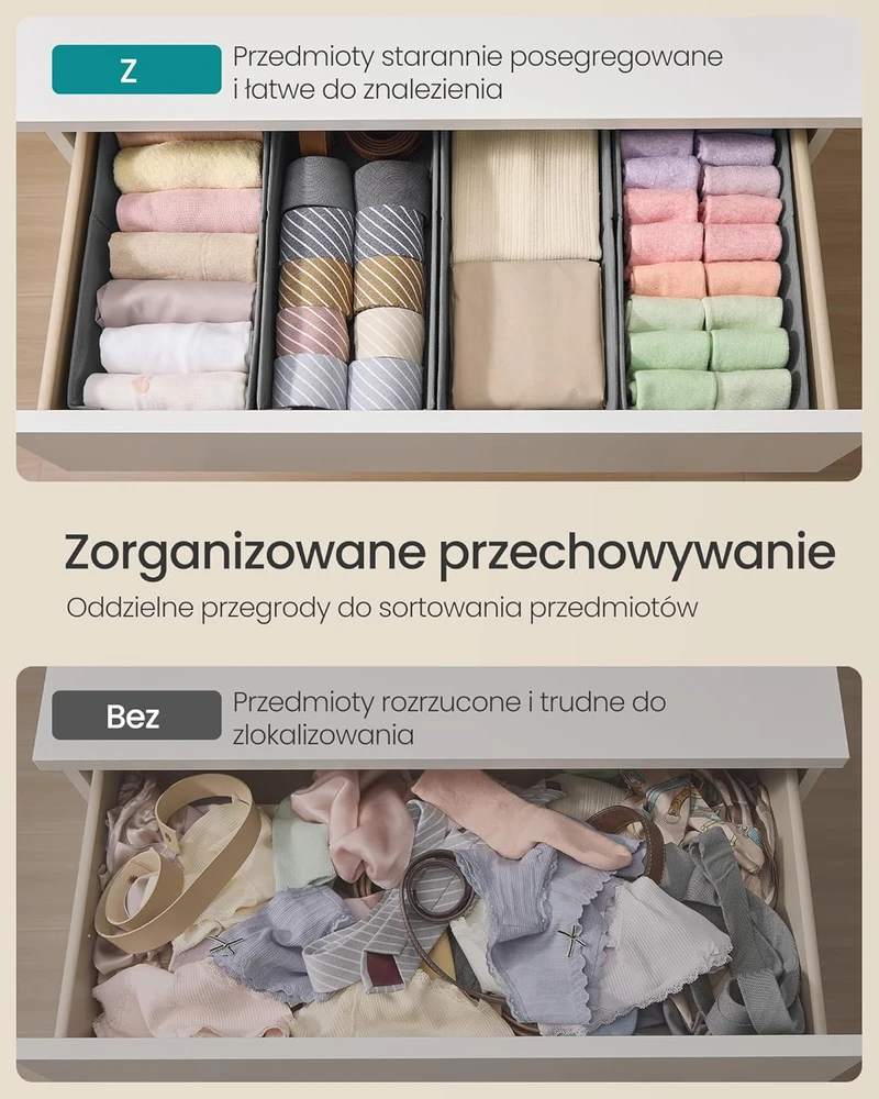 SONGMICS stalčiaus organizatorių rinkinys 4 vnt., 40x16x10 cm, suderinamas su IKEA Hemnes ir Malm, sulankstomas, pilkas