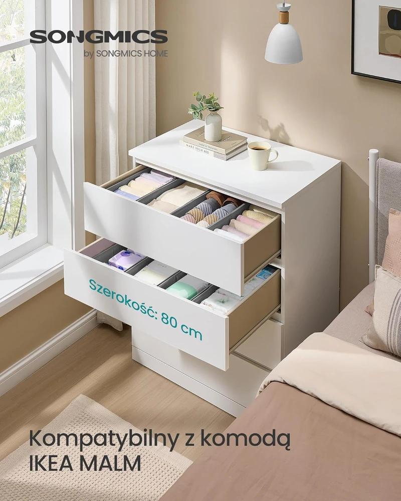 SONGMICS stalčiaus organizatorių rinkinys 4 vnt., 40x16x10 cm, suderinamas su IKEA Hemnes ir Malm, sulankstomas, pilkas