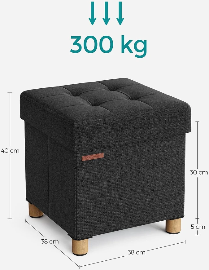 SONGMICS sulankstoma daiktadėžė-pufas 38 x 38 x 40 cm, juoda, iki 300 kg 55AA12438