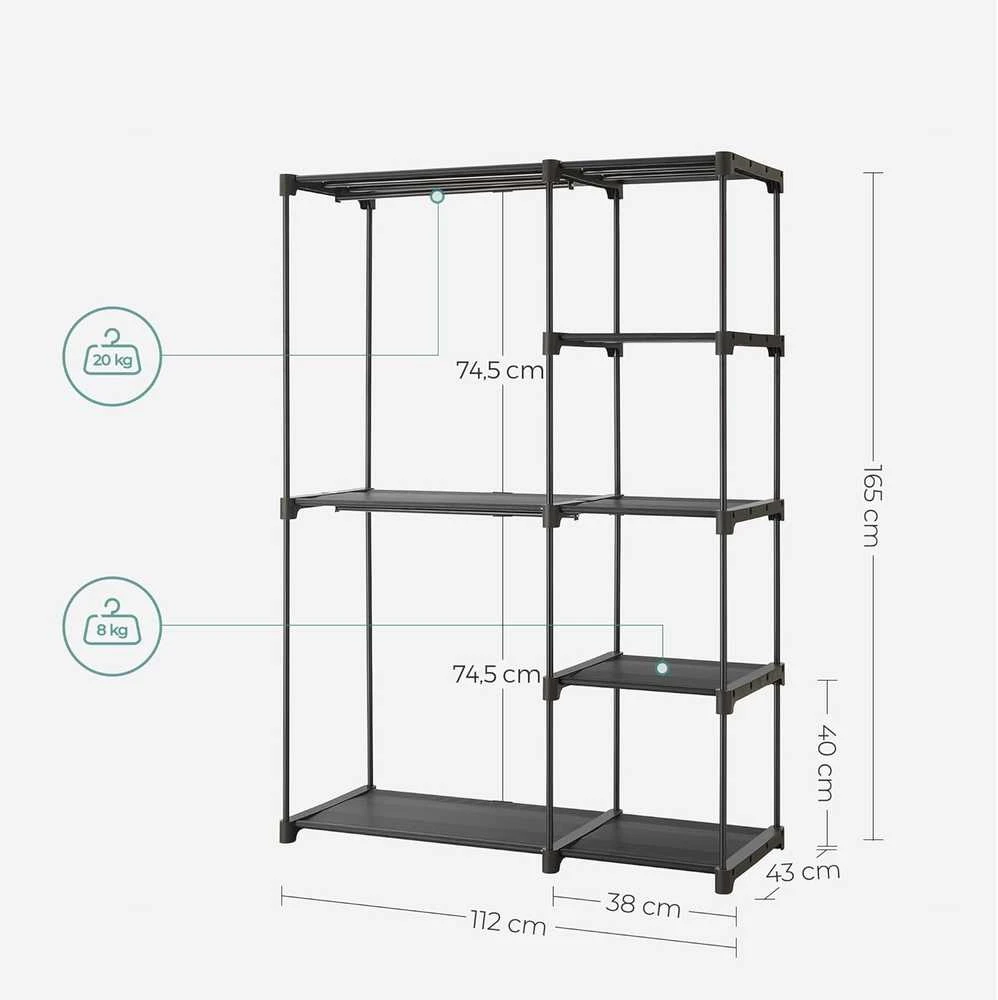 SONGMICS sulankstoma drabužių spinta su metaliniais strypais, 112 × 43 × 165 cm, juoda