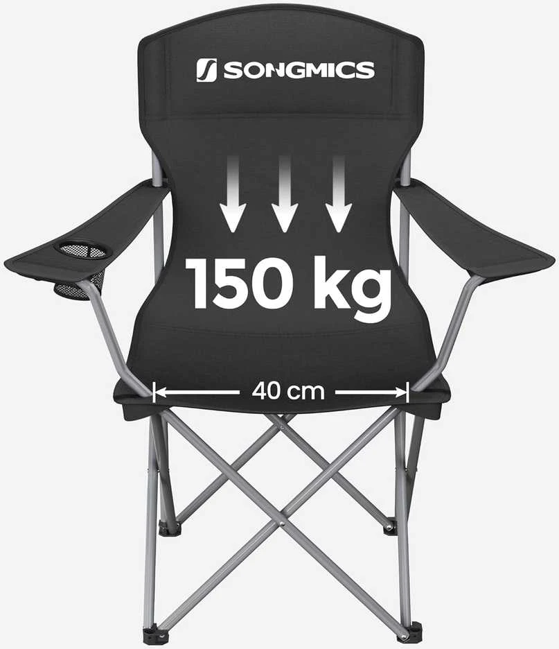 SONGMICS sulankstoma kempingo kėdė, plieno rėmas, juoda, maksimali apkrova 150 kg, GCB08BK