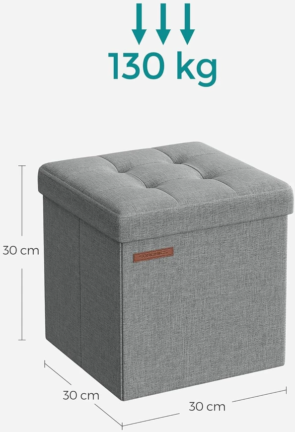 SONGMICS sulankstoma taburetė su daiktadėže, 30x30x30 cm, 130 kg apkrova, pilka, LSF028G02
