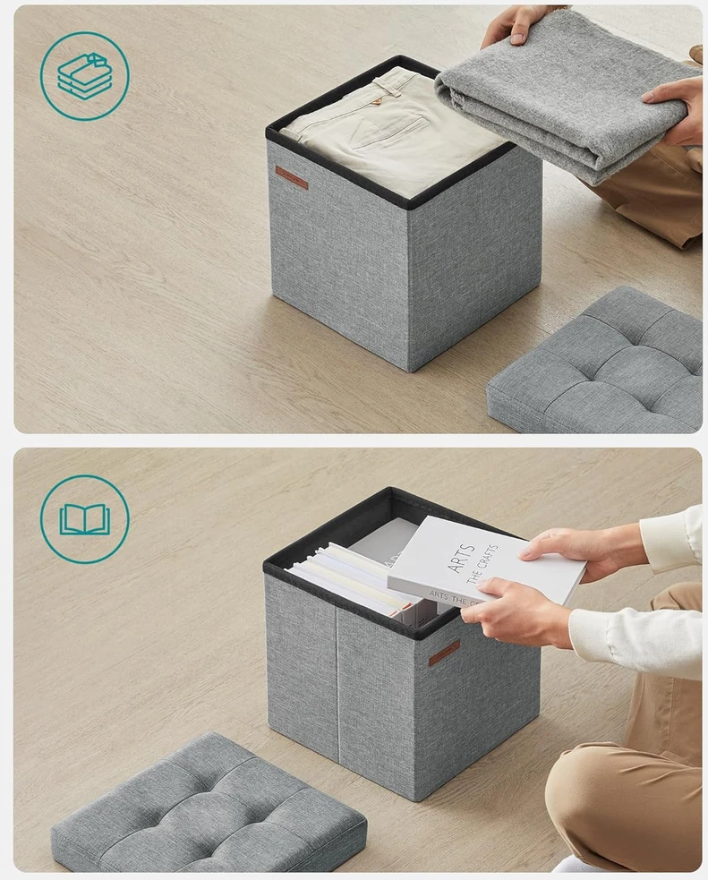 SONGMICS sulankstoma taburetė su daiktadėže, 30x30x30 cm, 130 kg apkrova, pilka, LSF028G02