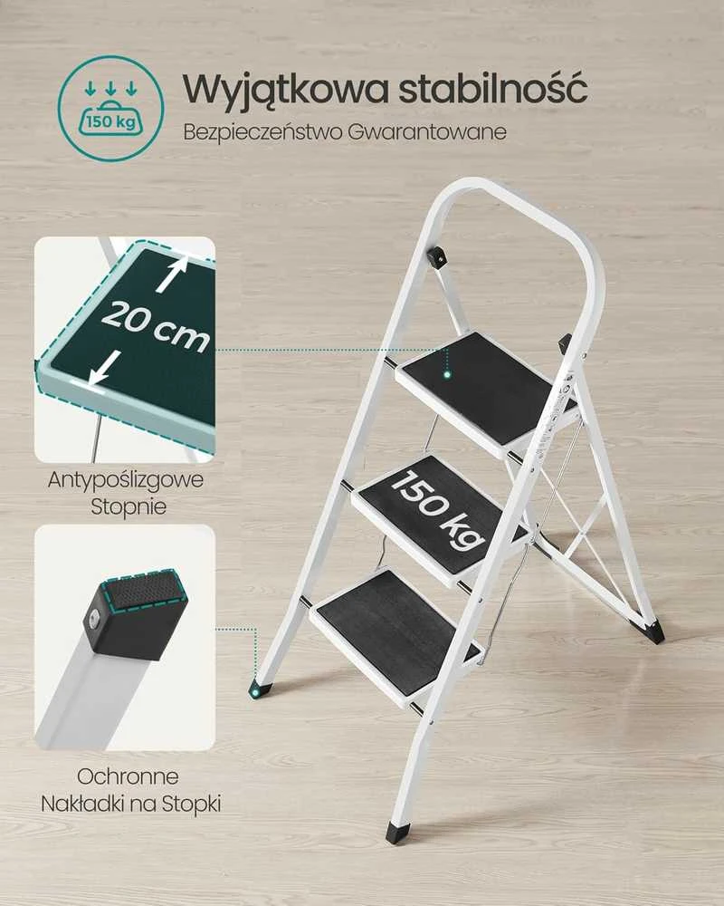 Songmics Namų ūkio kopėčios 3 pakopos Baltos spalvos