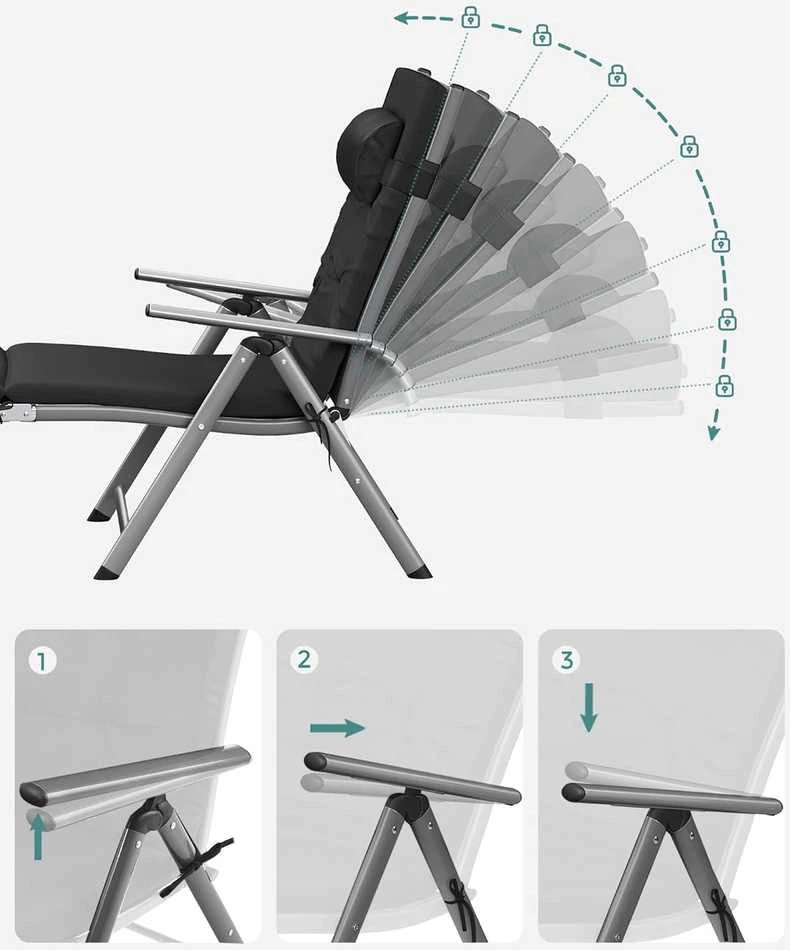SONGMICS sulankstomas lauko gultas su 6 cm čiužiniu, aliuminio rėmu, 150 kg, juodas GCB24BK