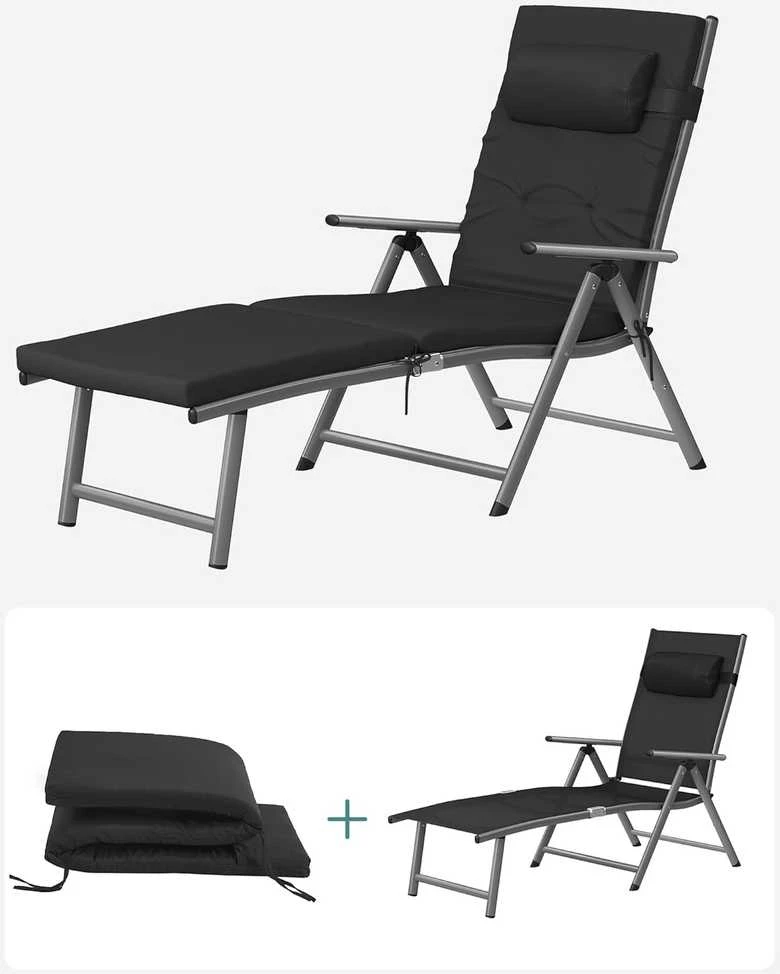 SONGMICS sulankstomas lauko gultas su 6 cm čiužiniu, aliuminio rėmu, 150 kg, juodas GCB24BK