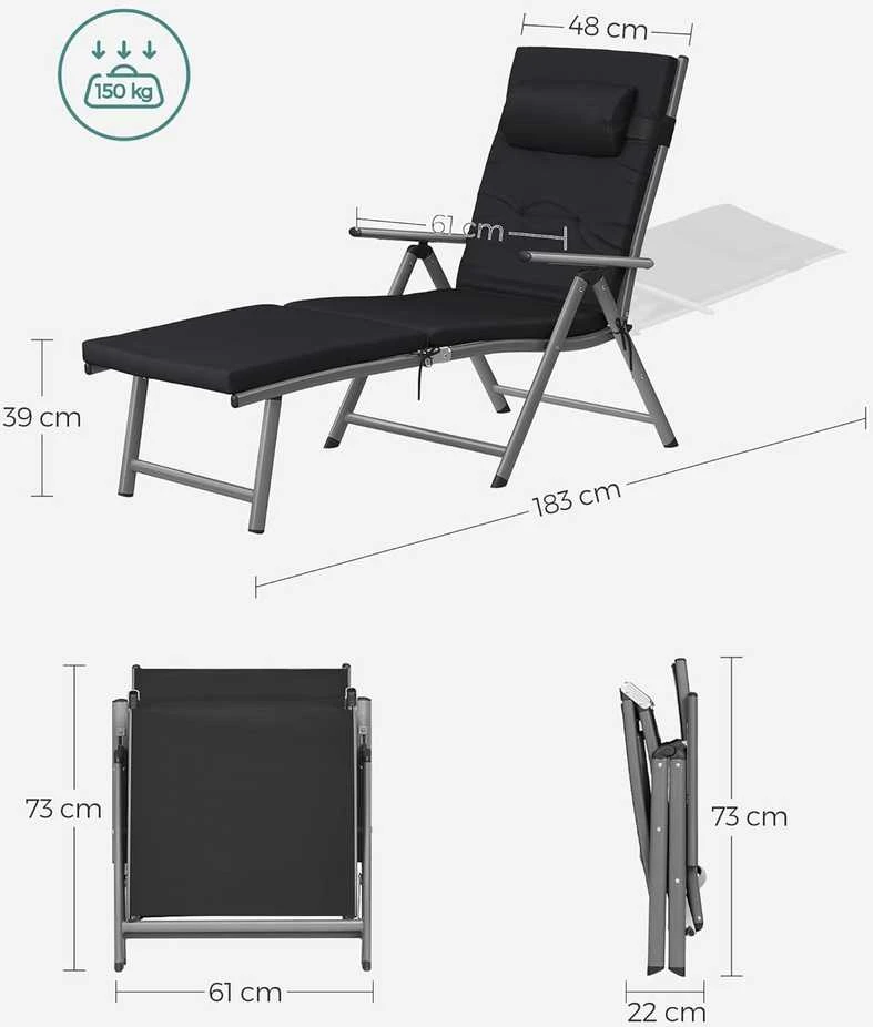SONGMICS sulankstomas lauko gultas su 6 cm čiužiniu, aliuminio rėmu, 150 kg, juodas GCB24BK