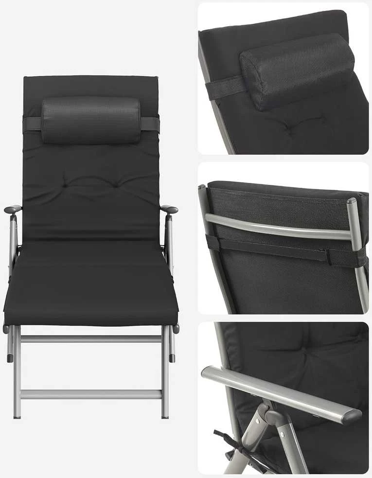 SONGMICS sulankstomas lauko gultas su 6 cm čiužiniu, aliuminio rėmu, 150 kg, juodas GCB24BK