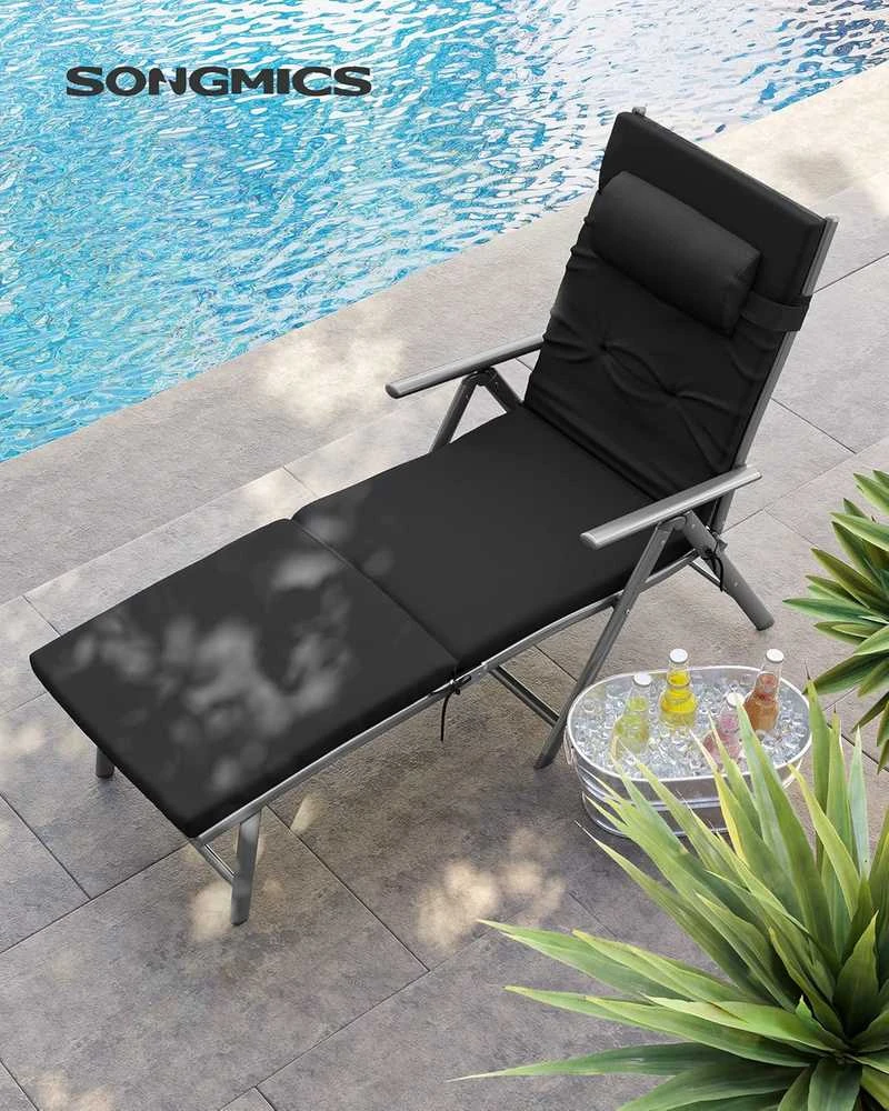 SONGMICS sulankstomas lauko gultas su 6 cm čiužiniu, aliuminio rėmu, 150 kg, juodas GCB24BK