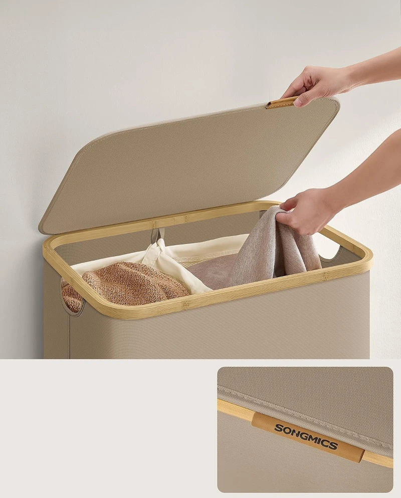 SONGMICS sulankstomas skalbinių krepšys su 2 skyriais, 130 l, 52 x 38,5 x 70,5 cm, PCT611W01