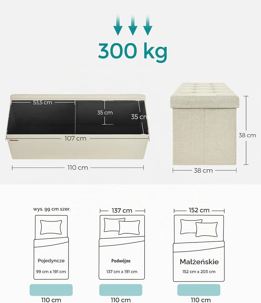 SONGMICS sulankstomas suoliukas-daiktadėžė 110 x 38 x 38 cm, 120 l, LSF77BE