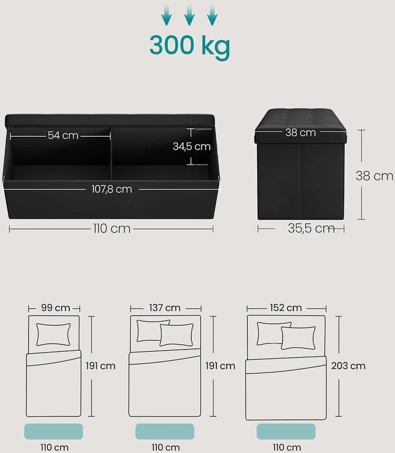 Songmics Minkštas suolas su sandėliavimo vieta 110 cm juodos spalvos