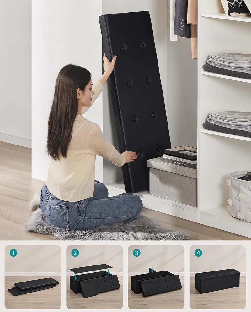 Songmics Minkštas suolas su sandėliavimo vieta 110 cm juodos spalvos