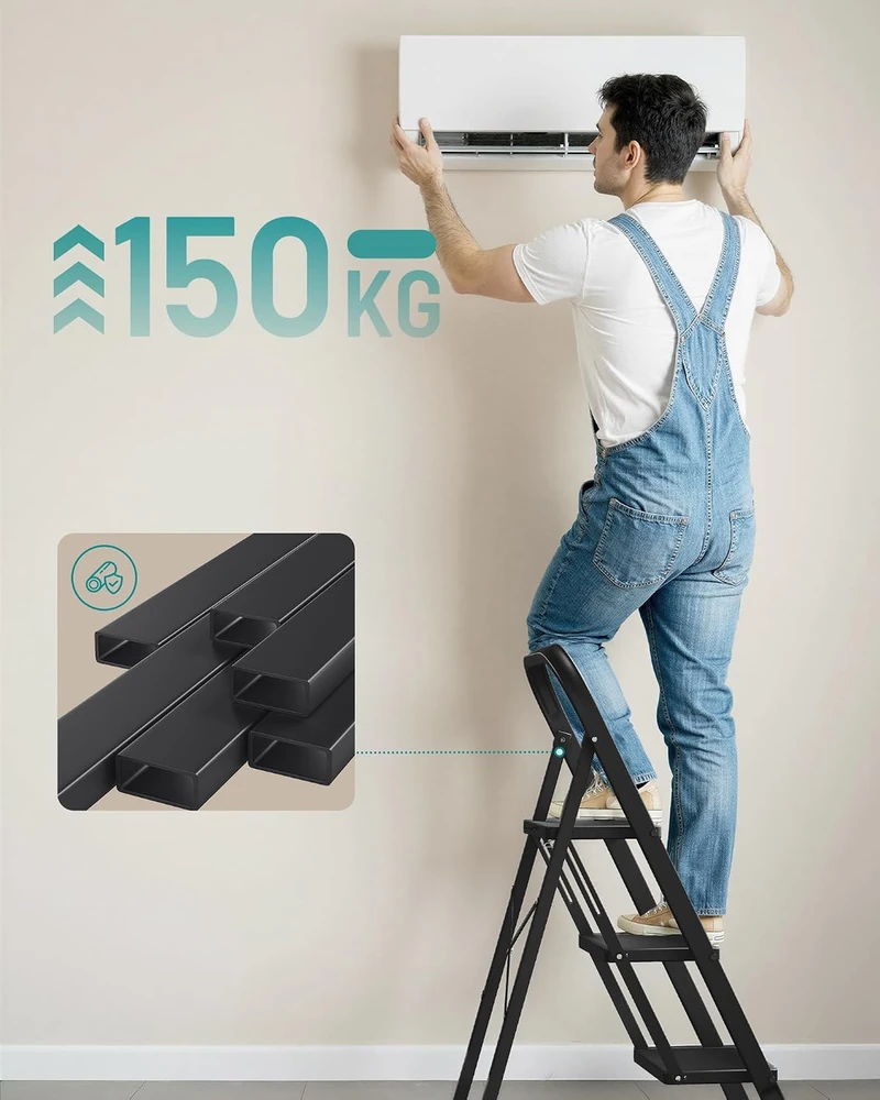 SONGMICS sulankstomos 3 pakopų plieninės kopėčios su rankena, 150 kg, 777GSL003BZ01