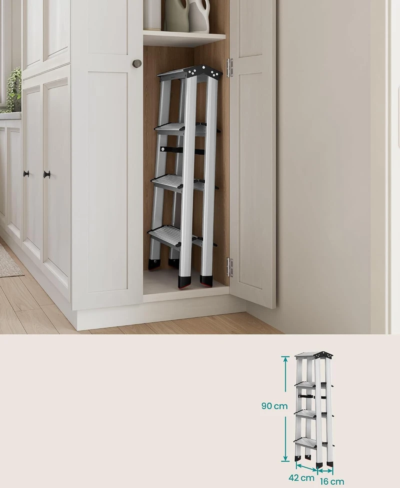 SONGMICS sulankstomos aliumininės kopėčios su 4 neslystančiomis pakopomis, 150 kg