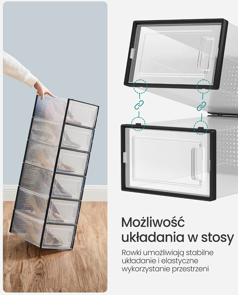 Songmics 12 plastikinių batų dėžučių rinkinys iki 44 dydžio
