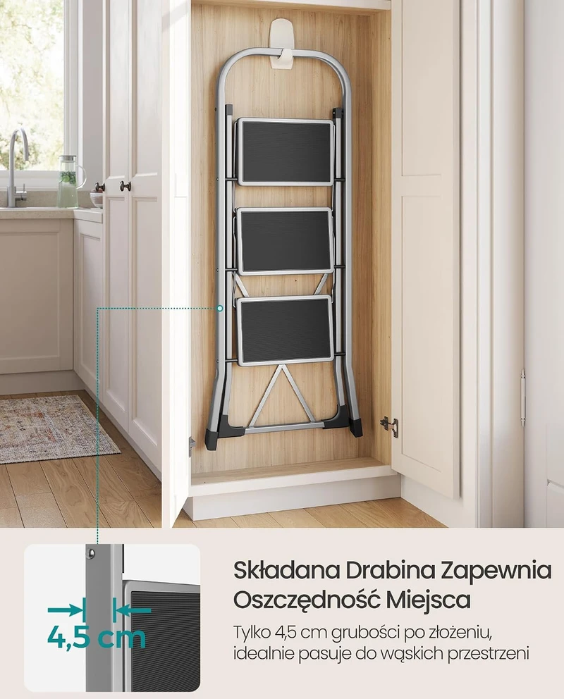 SONGMICS sulankstomos plieninės 3 pakopų kopėčios su rankena, 150 kg, GSL003GY01