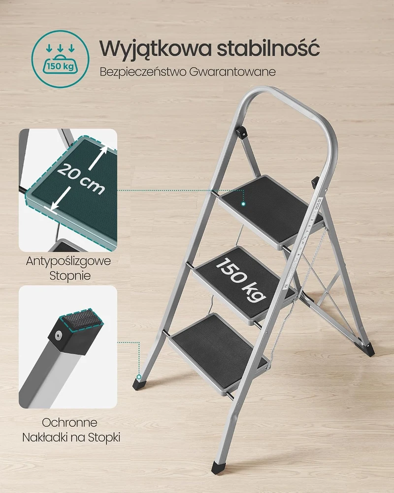 SONGMICS sulankstomos plieninės 3 pakopų kopėčios su rankena, 150 kg, GSL003GY01
