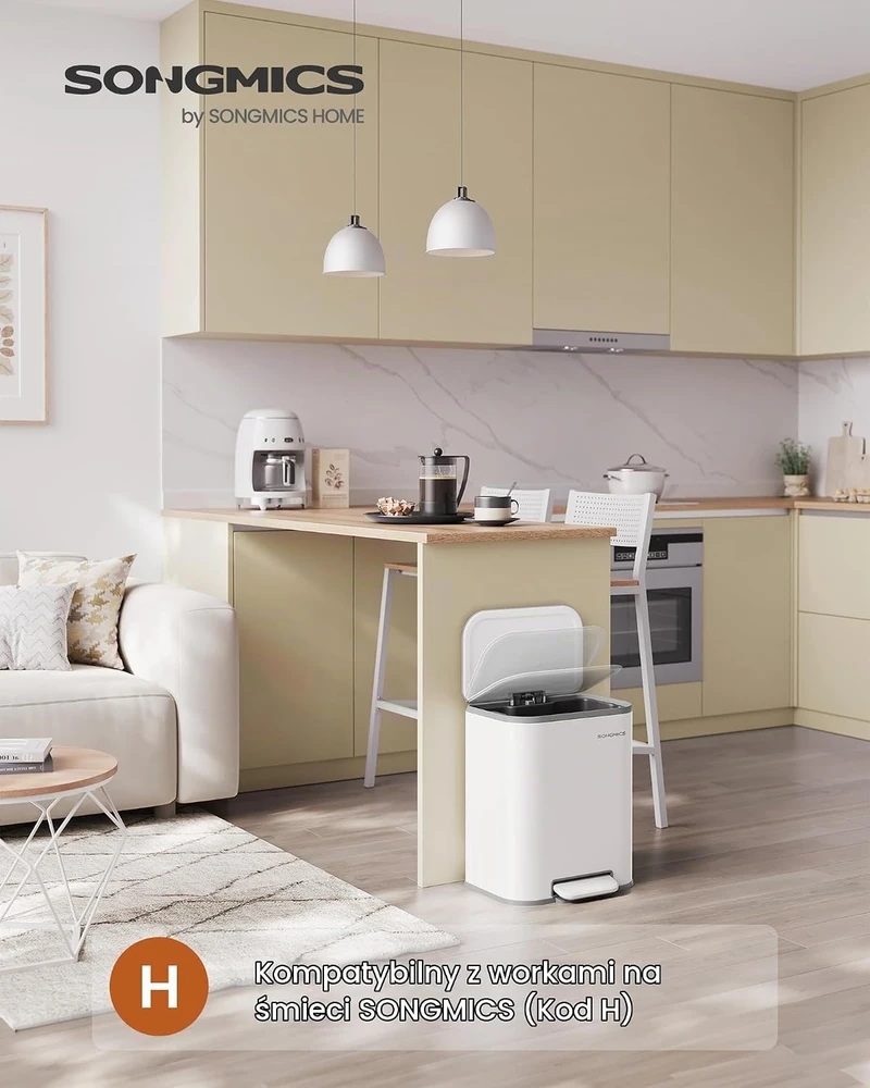 SONGMICS virtuvinė šiukšliadėžė su pedalu, 20 l, plieninė, balta