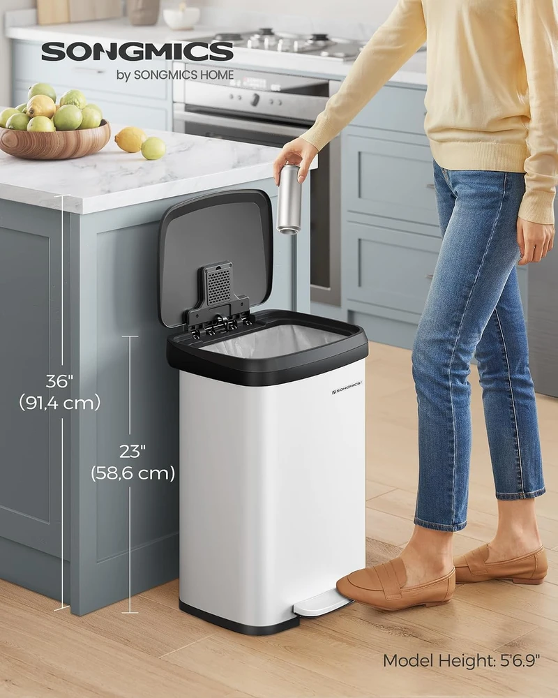 SONGMICS virtuvinė šiukšliadėžė su pedalu, 50 l, balta ir juoda