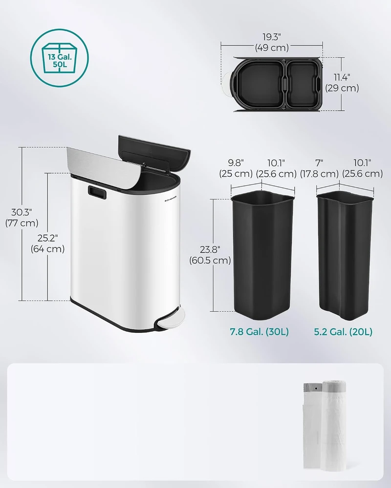 SONGMICS virtuvinė šiukšliadėžė su pedalu, 2 skyriai, 30 l ir 20 l, B0CMTW4HX1