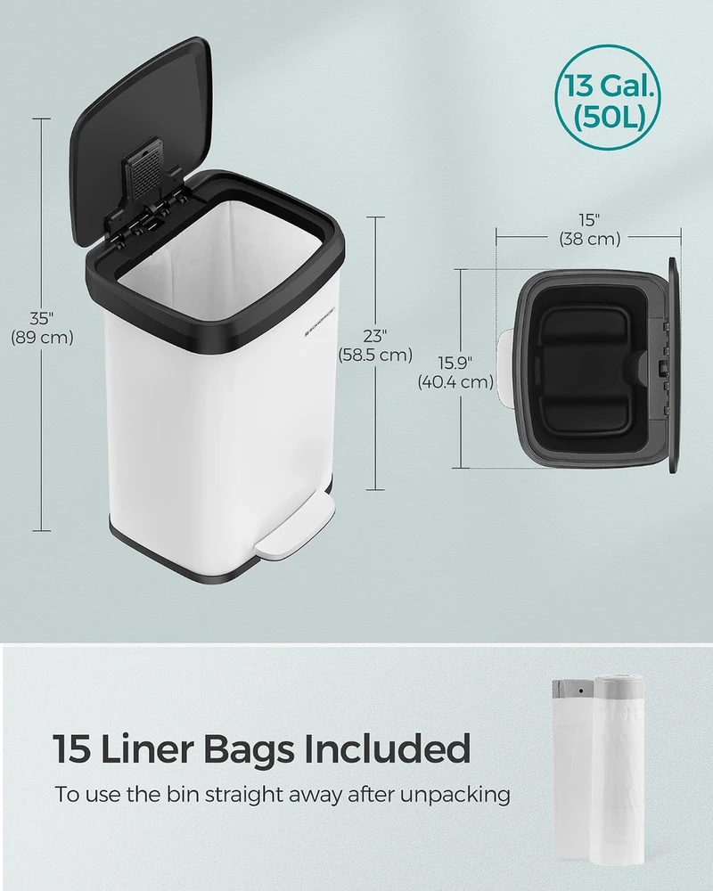 SONGMICS virtuvinė šiukšliadėžė su pedalu, 50 l, balta ir juoda