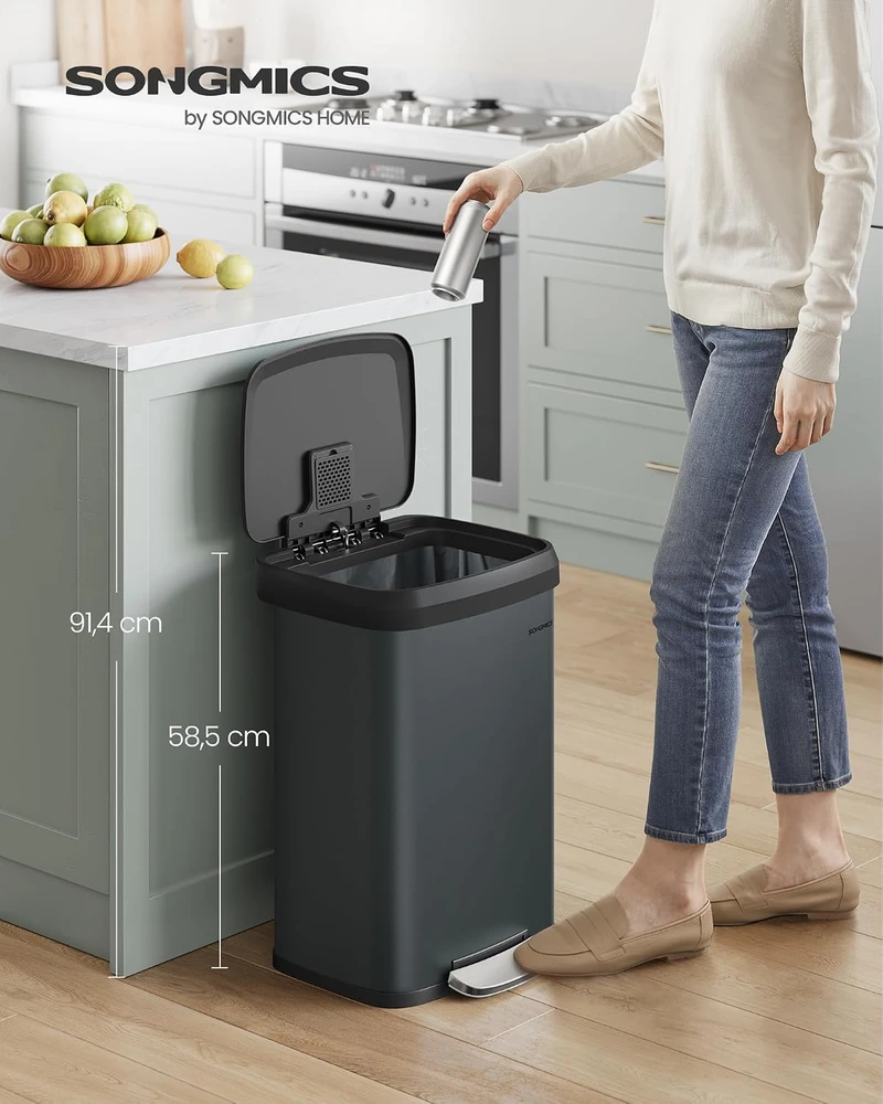 SONGMICS virtuvinė šiukšliadėžė su pedalu, 50 l, su dangčiu ir anglies filtru