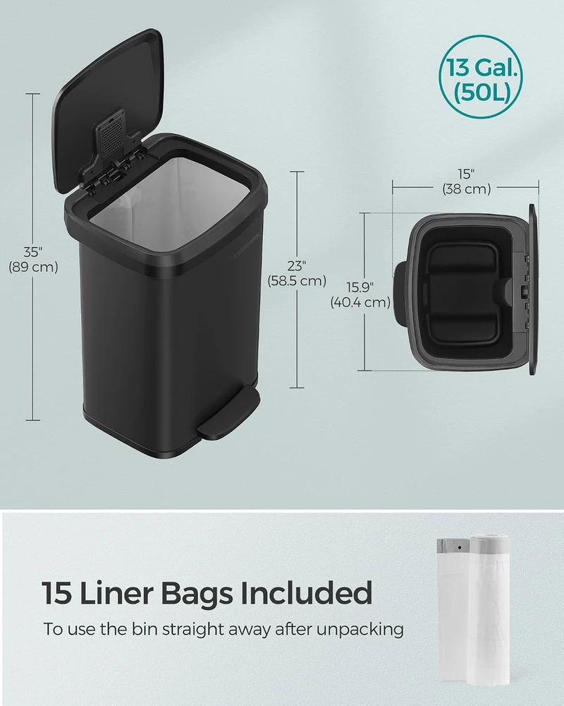 SONGMICS virtuvinė šiukšliadėžė su pedalu ir dangčiu, 50 l, juoda, B0C39RN858