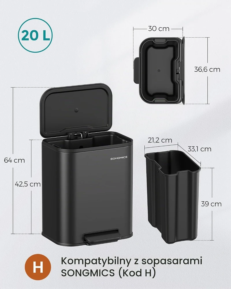SONGMICS virtuvinė šiukšliadėžė su pedalu, 20 l, plieninė, juoda, stačiakampė