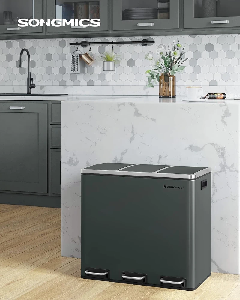 SONGMICS virtuvinė šiukšliadėžė su pedalu, 3 x 18 l, antracito spalvos, B083LD218G