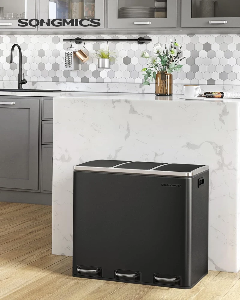 SONGMICS virtuvinė šiukšliadėžė su pedalu, 3 x 18 l, 54 l, juoda, B083LDWM93