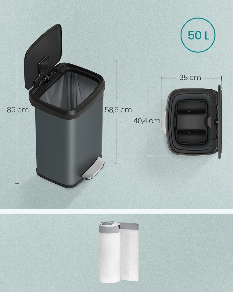 SONGMICS virtuvinė šiukšliadėžė su pedalu, 50 l, su dangčiu ir anglies filtru