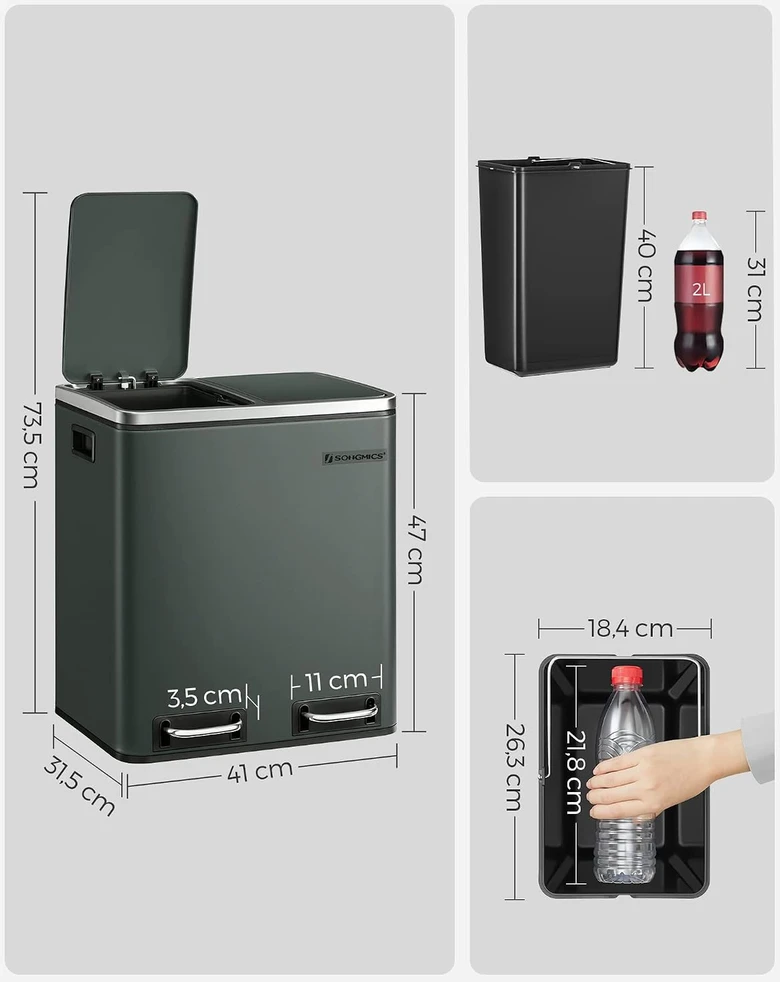 SONGMICS virtuvinė šiukšliadėžė su pedalu, 2 skyriai po 15 l, B07XMNL9XN