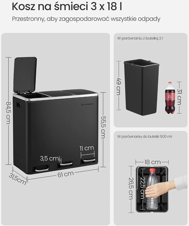 SONGMICS virtuvinė šiukšliadėžė su pedalu, 3 x 18 l, 54 l, juoda, B083LDWM93