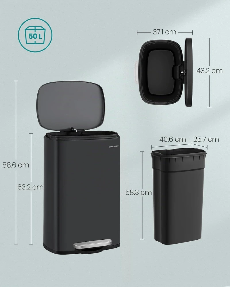 SONGMICS virtuvinė šiukšliadėžė su pedalu, 50 l, juoda, plieninė