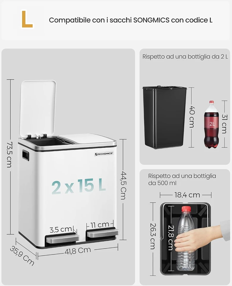 SONGMICS virtuvinė šiukšliadėžė su pedalu, 2 skyriai po 15 l, B08571RVGK